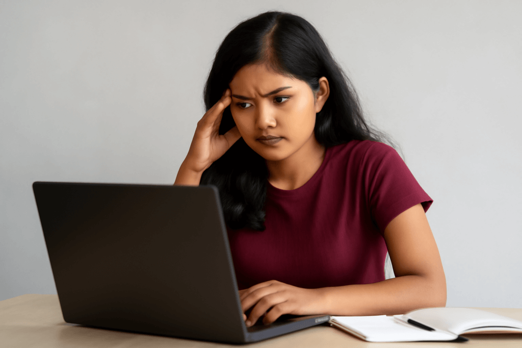 A girl is reading ignou mba project guide on her laptop