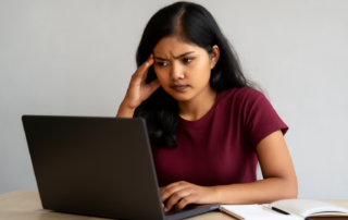 A girl is reading ignou mba project guide on her laptop